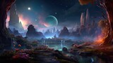 Fototapeta Uliczki - Futuristic lunar panorama: an alien terrain illuminated by a distant moon, showing rocks, water and unique vegetation in the haze.
