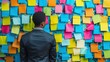 businessman looking at wall full of post it notes, cultivating a productive workspace for effective organization and goal achievement