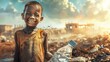 extremely poor African boy happily holds water bottle, portraying resilience and joy