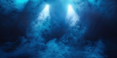 Wall Mural - Dynamic Stage Atmosphere, Illuminated by Scenic Lights and Smoke, Blue Spotlight with Volume Light Effect on Black Background Evokes Stadium Cloudiness Projection