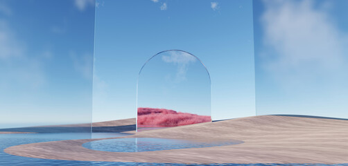 Wall Mural - 3d render, abstract surreal pastel landscape background with architecture and geometric, beautiful g