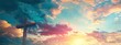 © CinimaticWorks - cross of jesus christ against dramatic sunset sky, illustrating christian faith concept and belief in divine redemption