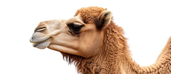 A detailed view of a brown camel, showcasing its humps, fur, and distinctive features, set against a clean white background for a striking contrast.