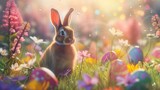 Fototapeta Na drzwi - heavenly dreamy blooming meadow with happy funny bunny and color full easter eggs arround