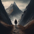 ai generated climbing picture, A man stands at the foot of a mountain, mood picture with the statement that you can do anything, long journey, reaching the top.
