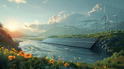 Aufkleber - Solar panels, wind turbines or hydroelectric plants in urban and natural landscapes, The intertwining of nature and technology powering our world. Generative AI.