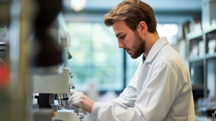 Poster - An engineer is conducting experiments in a science lab, wearing a lab coat. AIG41