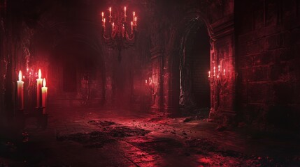 Wall Mural - Gothic church interior with burning candles in a dark room