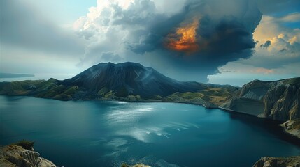 Poster - The volcanic hills and a large black lake in the foreground. Generative AI.