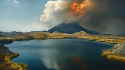 Poster - The volcanic hills and a large black lake in the foreground. Generative AI.