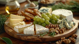 Fototapeta Sypialnia - Cheese plate with different types of chees, grape and bread, steel life on a wooden board