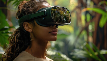 Poster - Pretty young woman in VR glasses, futuristic college VR in a rainforest, sustainability class. Generative AI.