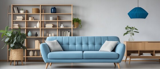 interior of modern living room with blue sofa, coffee table and plants. 3d render