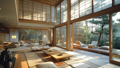 Wall Mural - Luxury Japanese home interior living room. Generative AI.