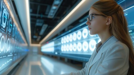 Leinwandbilder - Woman working in a high-tech data analysis center. Dressed in smart business attire. Generative AI.