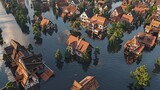 panoramic aerial view of city flooded by rising water levels, urban infrastructure submerged in climate-induced disaster