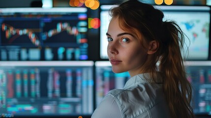 Poster - Woman is working in front of multiple computer monitors displaying financial data in the office. Generative AI.