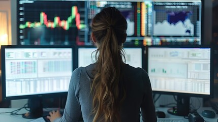 Poster - Woman is working in front of multiple computer monitors displaying financial data in the office. Generative AI.