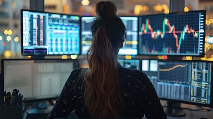 Poster - Woman is working in front of multiple computer monitors displaying financial data in the office. Generative AI.