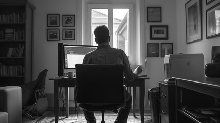 Man Sitting at Desk in Front of Computer