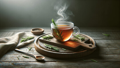 Wall Mural - close-up of a wooden board with a glass cup of hot rosemary tea.