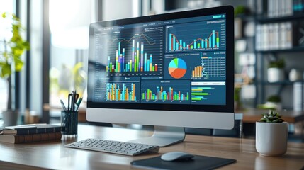 Aufkleber - A large digital monitor displaying various marketing data including website visitor numbers and advertising results in the form of graphs and charts in a modern office. Generative AI.