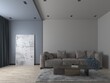Mock up of a stylish compact living room with a trendy gray sofa and a light decorative background, 3D rendering.