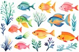 Fototapeta Dziecięca - A variety of colorful fish, including orange, pink, blue, and yellow, swimming among green and blue seaweed. They are set against a white background.