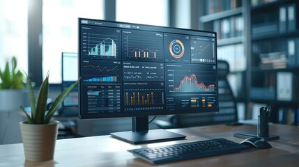 Poster - A full-screen computer monitor from the front, showing a modern website page with various charts and data displayed on a computer monitor in an office environment. Generative AI.