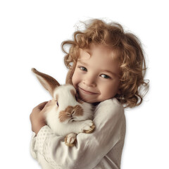 Wall Mural - Portrait of happy boy with rabbit isolated on Transparent background. Happy easter