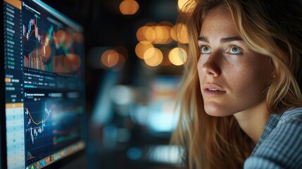 Sticker - Woman sits and analyzes financial data displayed on a computer screen. Generative AI.