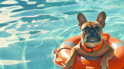 A French Bulldog swimming in a pool