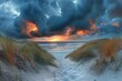 Dramatic storm clouds over coastal dunes at sunset