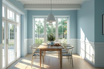 Wall Mural - Modern scandinavian interior of dining room with big windows