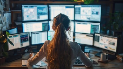 Poster - Woman sitting on a workstation with 6 monitors reading websites searching for facts. Generative AI.