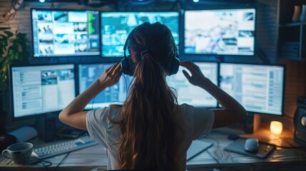 Poster - Woman sitting on a workstation with 6 monitors reading websites searching for facts. Generative AI.
