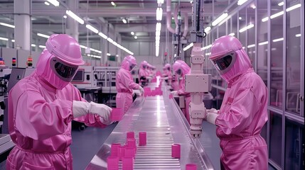 Leinwandbilder - Workers in pink suits working with robot arms on production line at factory. pink factory. Generative AI.