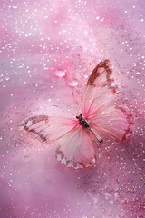 Wall Mural - Pink background with glittering butterfly, copy space. Women's Day. It's a girl backdrop with empty space. Baby shower or birthday invitation, party. Baby girl birth announcement.