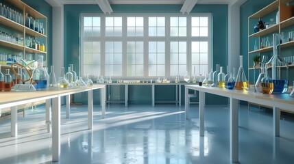 Poster - Front view of a chemistry school table with a big open space in the middle, good bright studio light. Generative AI.