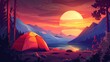 Tourist summer camping. illustration of tents. Camping on a clearing in the forest. Flat style. Summer camp, nature tourism, camping, hiking, trekking
