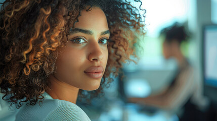 Poster - Woman with shoulder length curly hair working at a office. Generative AI.