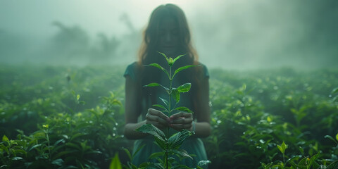 In a mysterious and hazy portrait, a tender woman holds a wet plant, embodying nature's magic.