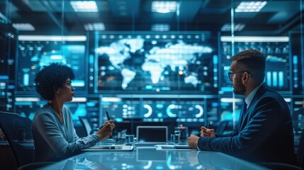 Leinwandbilder - A diverse group of business professionals (SME owners, entrepreneurs) engaged in a strategic meeting, surrounded by digital screens displaying graphs and insurance documents. Generative AI.