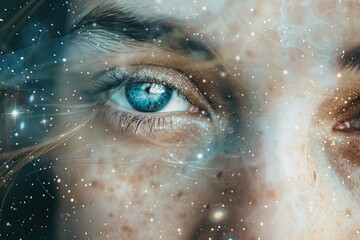 a close-up of a person's eyes merged with the texture of swirling galaxy stars in a double exposure