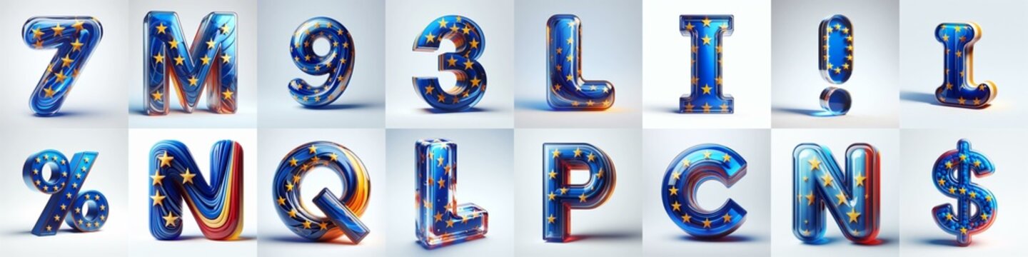 Glass letters shape in colors EU flag 3D Lettering Typeface. AI generated illustration