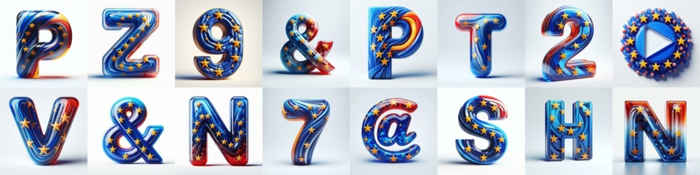 Glass letters shape in colors EU flag 3D Lettering Typeface. AI generated illustration