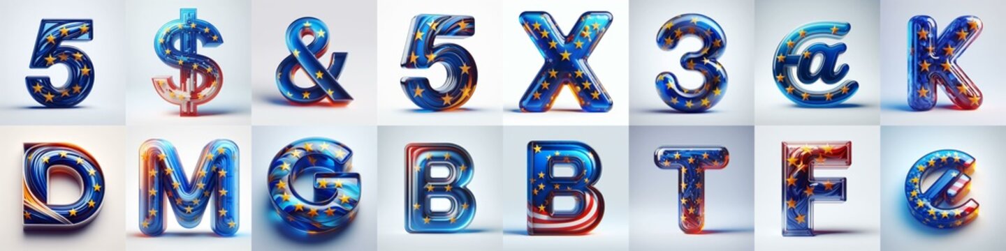 Glass letters shape in colors EU flag 3D Lettering Typeface. AI generated illustration