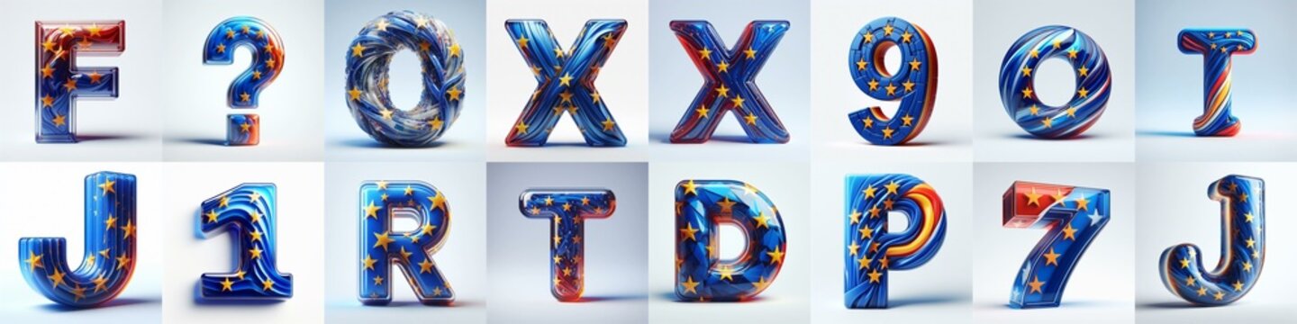 Glass letters shape in colors EU flag 3D Lettering Typeface. AI generated illustration