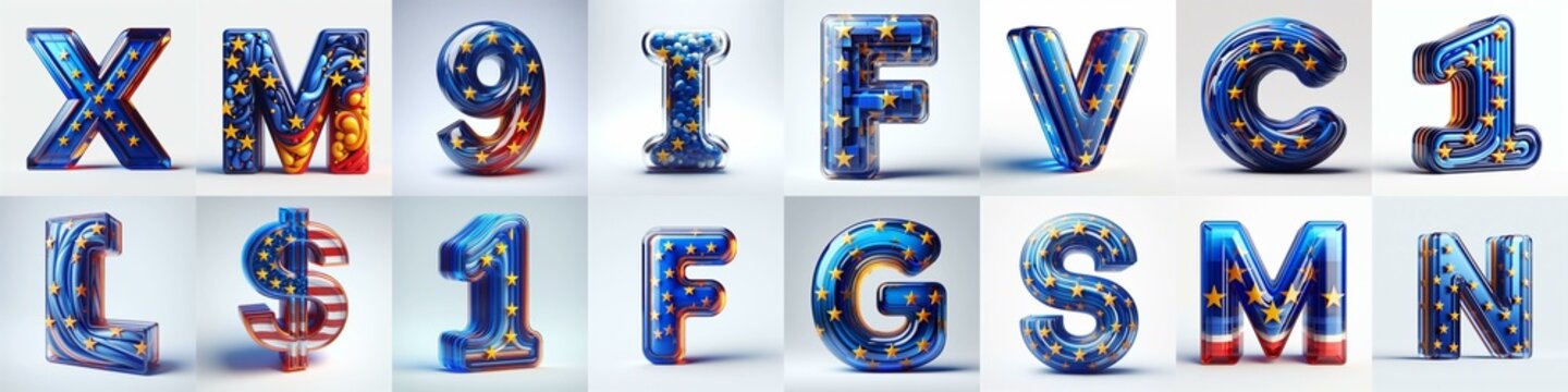 Glass letters shape in colors EU flag 3D Lettering Typeface. AI generated illustration