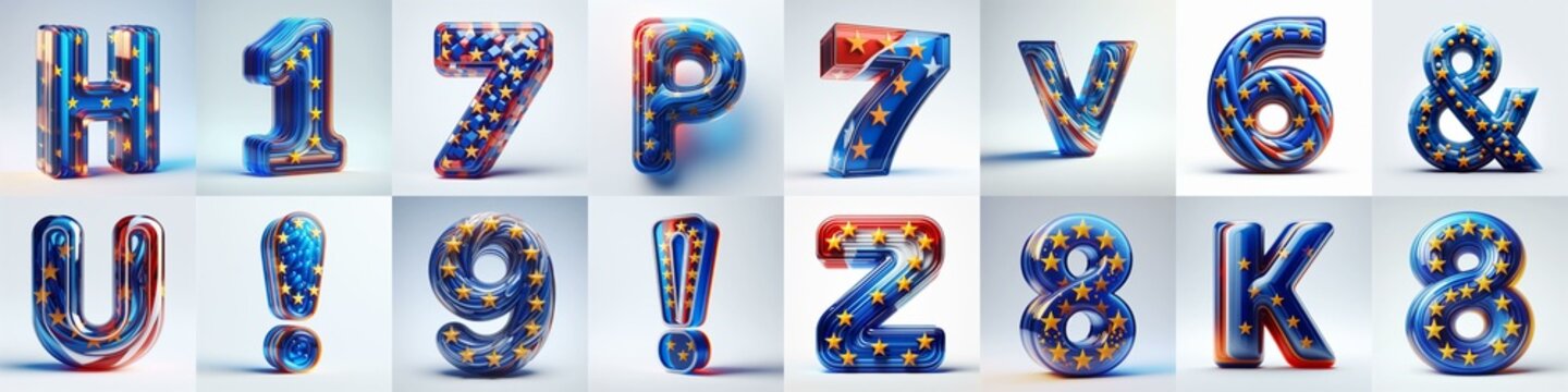 Glass letters shape in colors EU flag 3D Lettering Typeface. AI generated illustration